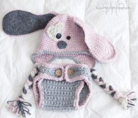 Puppy Hat and Diaper Cover Set- Baby Girl- Newborn Photo Prop- Crochet- Gift- Baby- Dog Hat