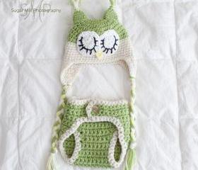Sleepy Owl Hat and Diaper Cover Set- Photo Prop- Crochet- Baby- Newborn- Gift- All Sizes- Costume
