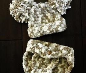 Baby Pom Pom Hat and Matching Diaper Cover Set - Newborn Photo Prop Crochet Hat - Costume