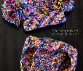 Baby Pom Pom Hat and Matching Diaper Cover Set - Newborn Photo Prop Crochet Hat- Costume